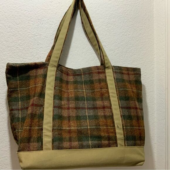 Vintage the J Peterman Wool Brown Plaid Tote Duffle Bag - Lexington KY 22